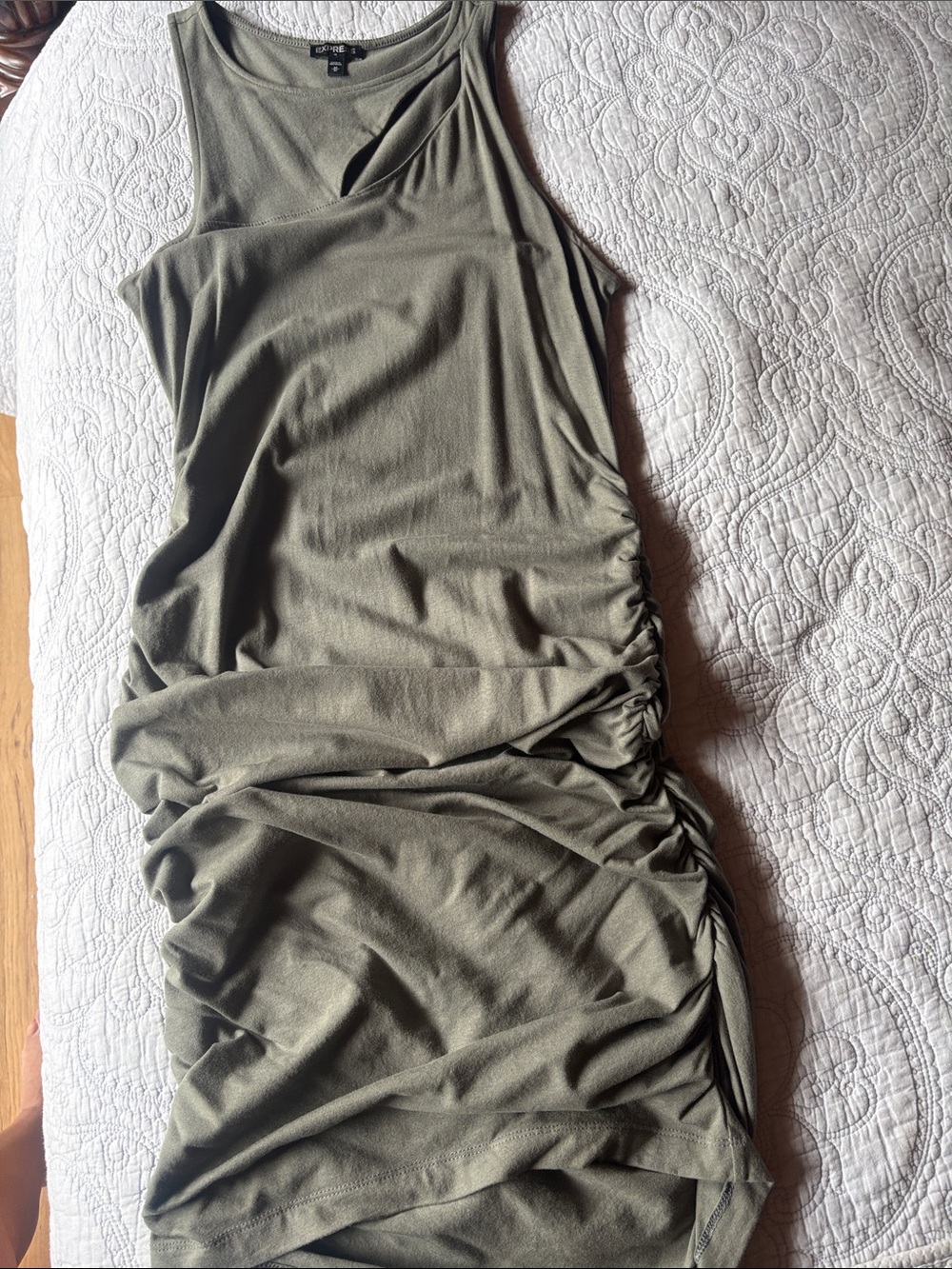 Express Olive Green Ruched Midi Tank Dress with Collarbone Slit